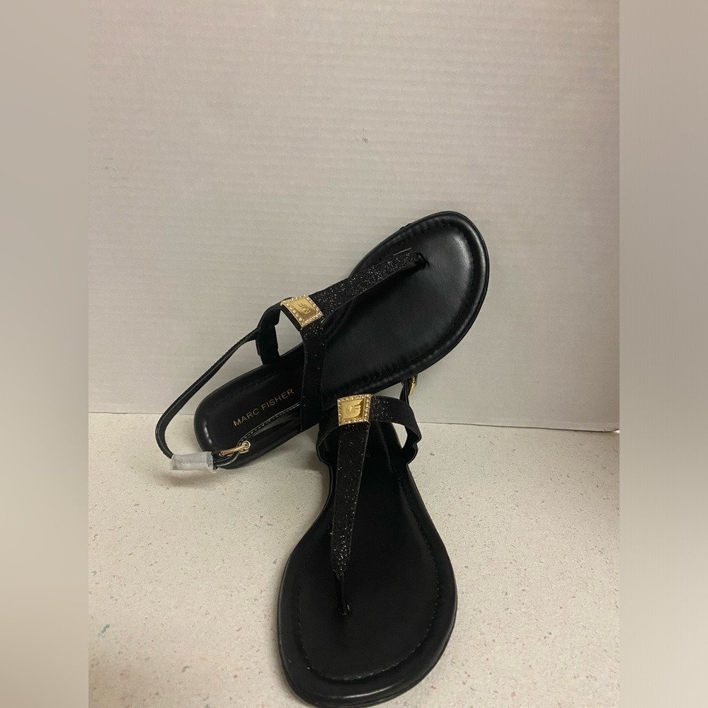 Marc Fisher Ademi Black Glitter T-Strap Sandals with Gold Trim